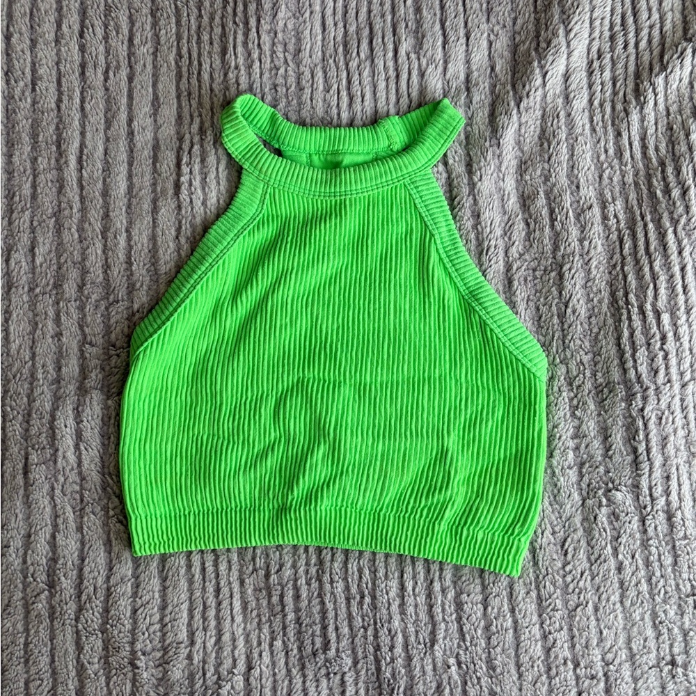 Aerie Small Vibrant Green Ribbed Cropped Halter Tank Top Summer Beach Vacation